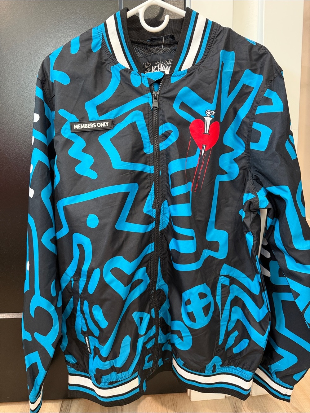 Members Only Black Jacket with Bright Blue Graphic and Red Heart Accent NWT